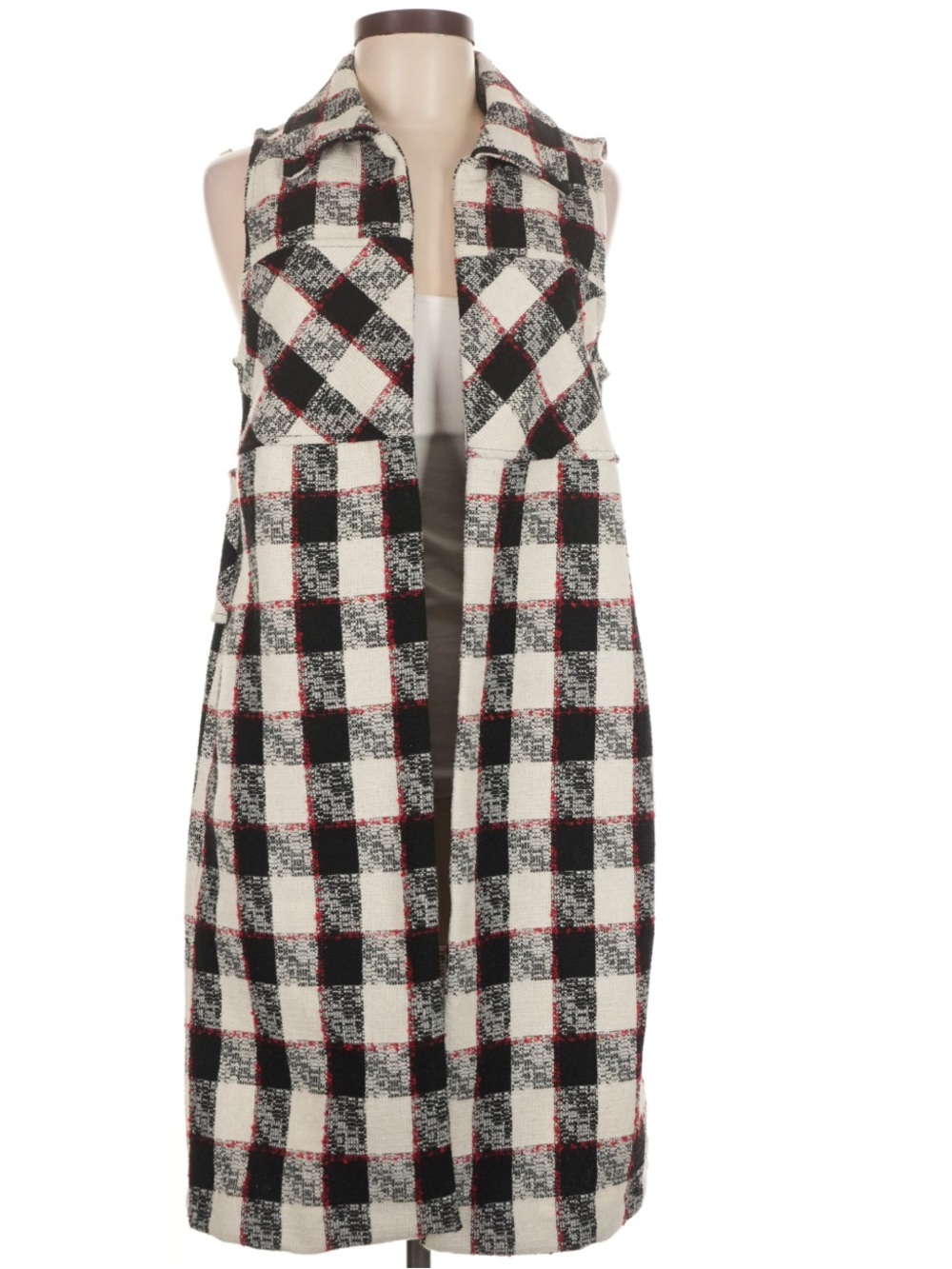 BCBGeneration Plaid Sleeveless Long Open Vest Size M Black, White & Red Plaid